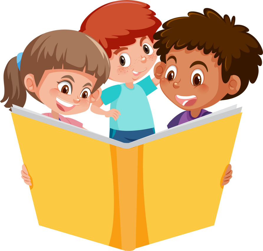 Three young children reading a book on white background